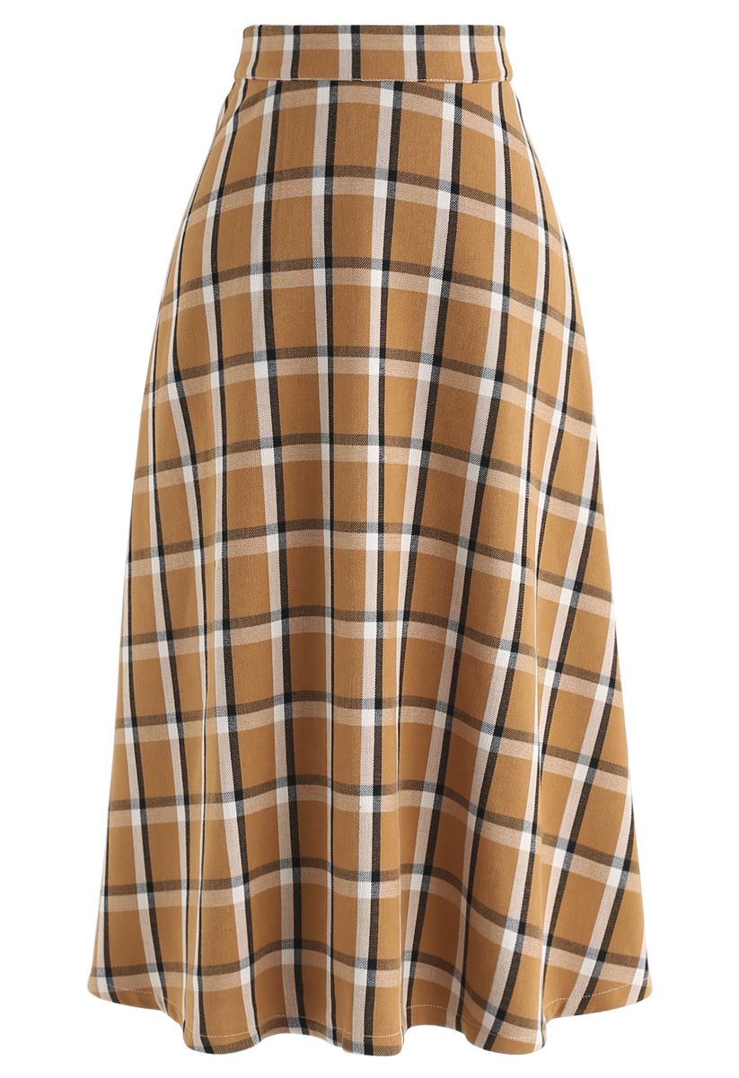 Grid A-Line Midi Skirt in Mustard - Retro, Indie and Unique Fashion
