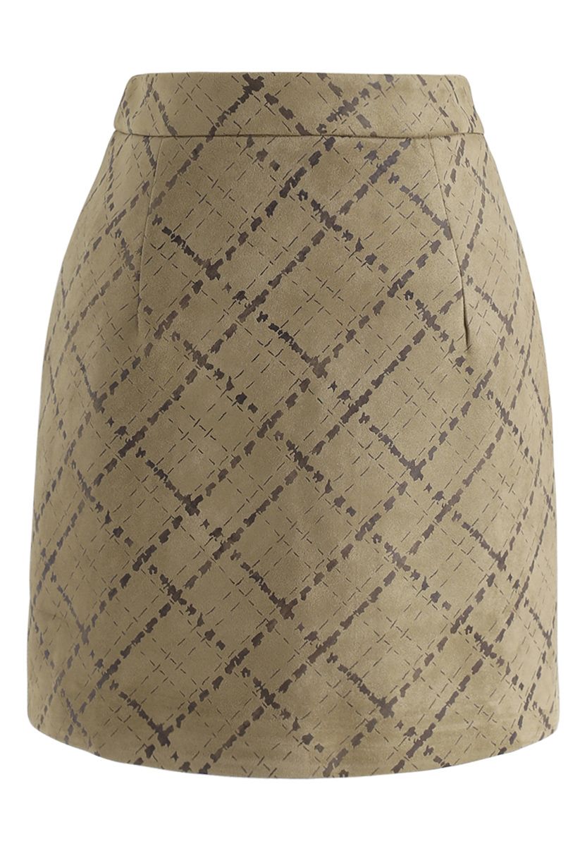 Grid Pattern Faux Suede Bud Skirt in Olive