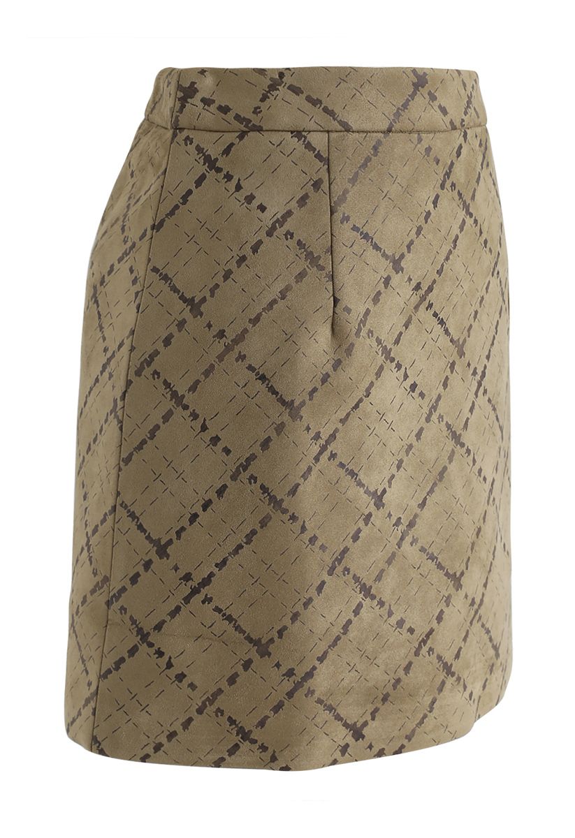 Grid Pattern Faux Suede Bud Skirt in Olive - Retro, Indie and Unique ...