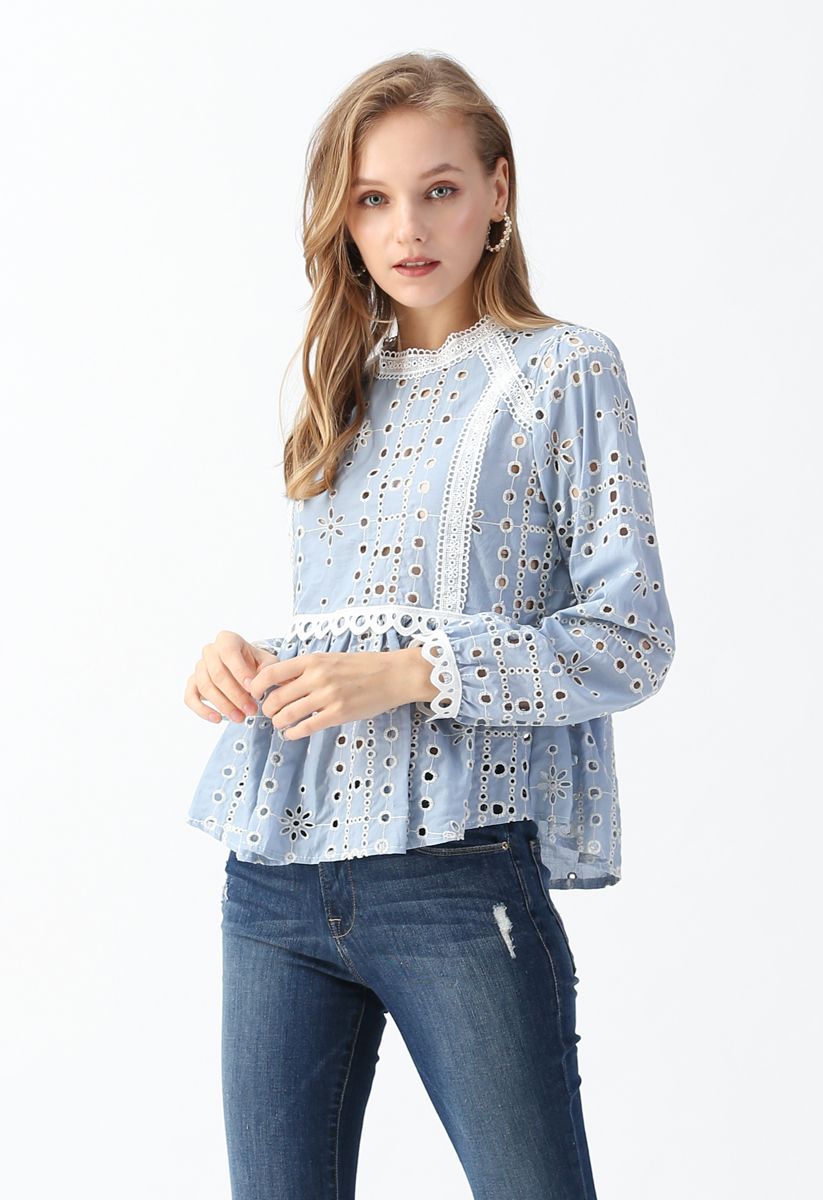 Frilling Embroidered Eyelet Crochet Top in Blue - Retro, Indie and ...