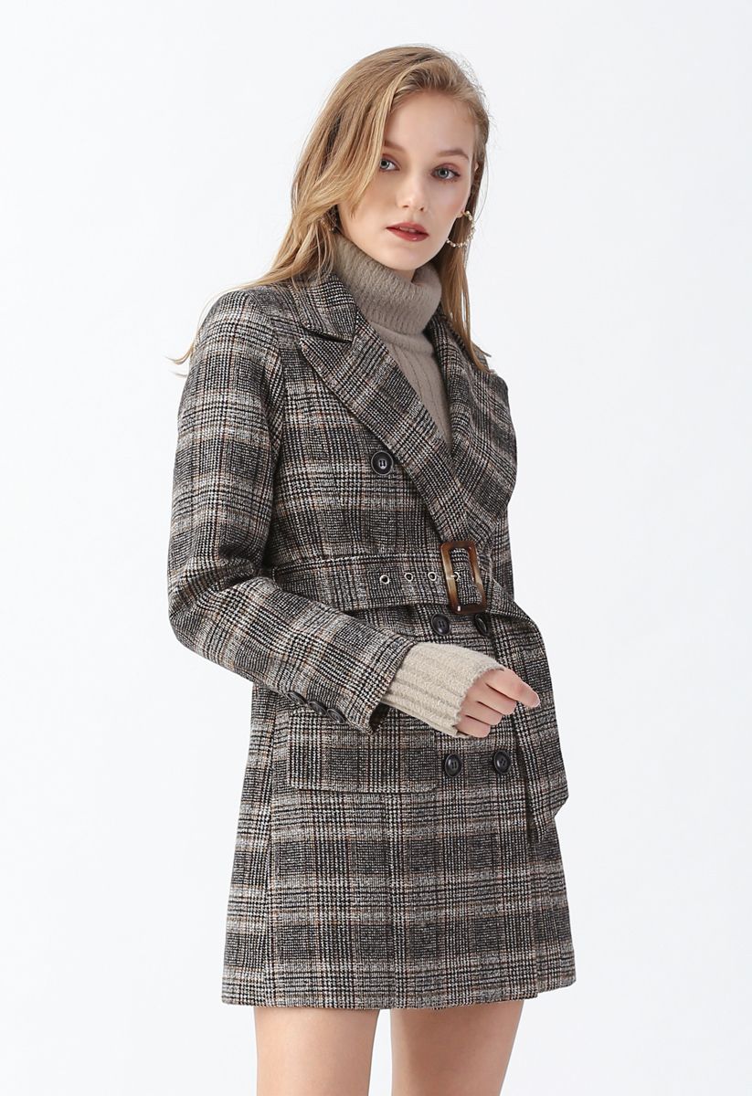 Plaid Double-Breasted Wool-Blend Coat in Brown - Retro, Indie and ...