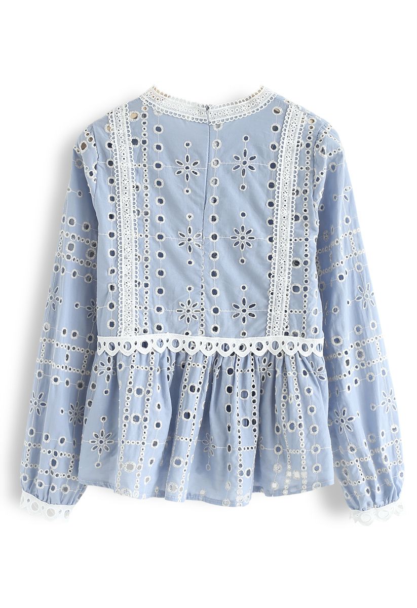 Frilling Embroidered Eyelet Crochet Top in Blue - Retro, Indie and ...