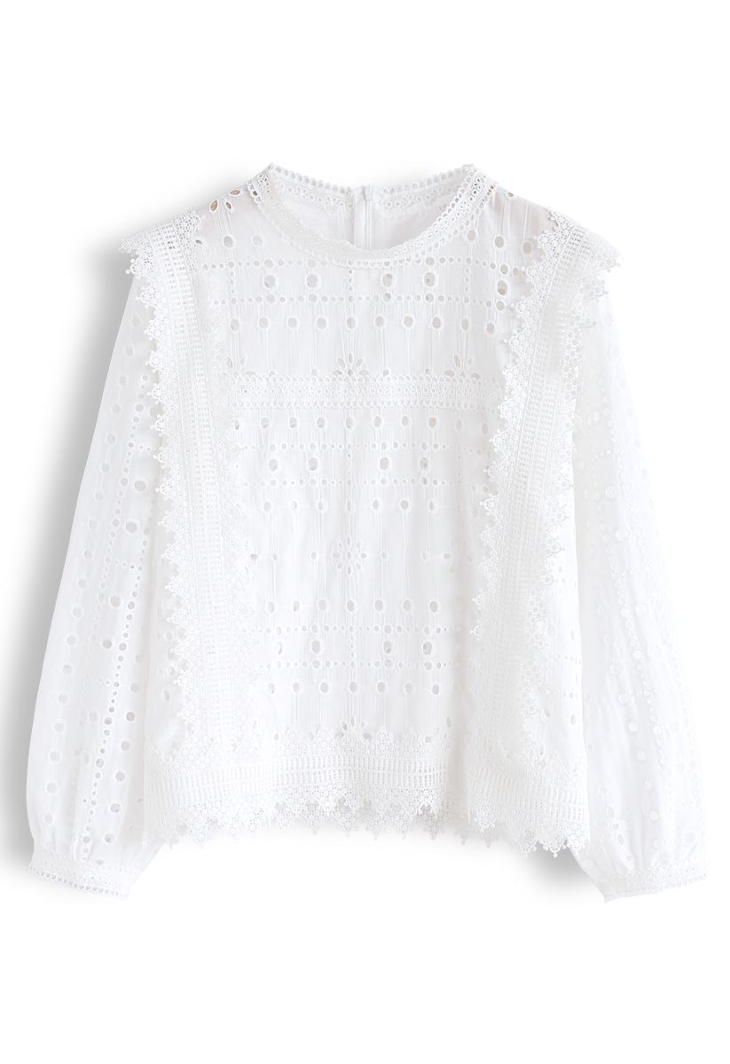 Embroidered Eyelet Crochet Trim Top in White - Retro, Indie and Unique ...