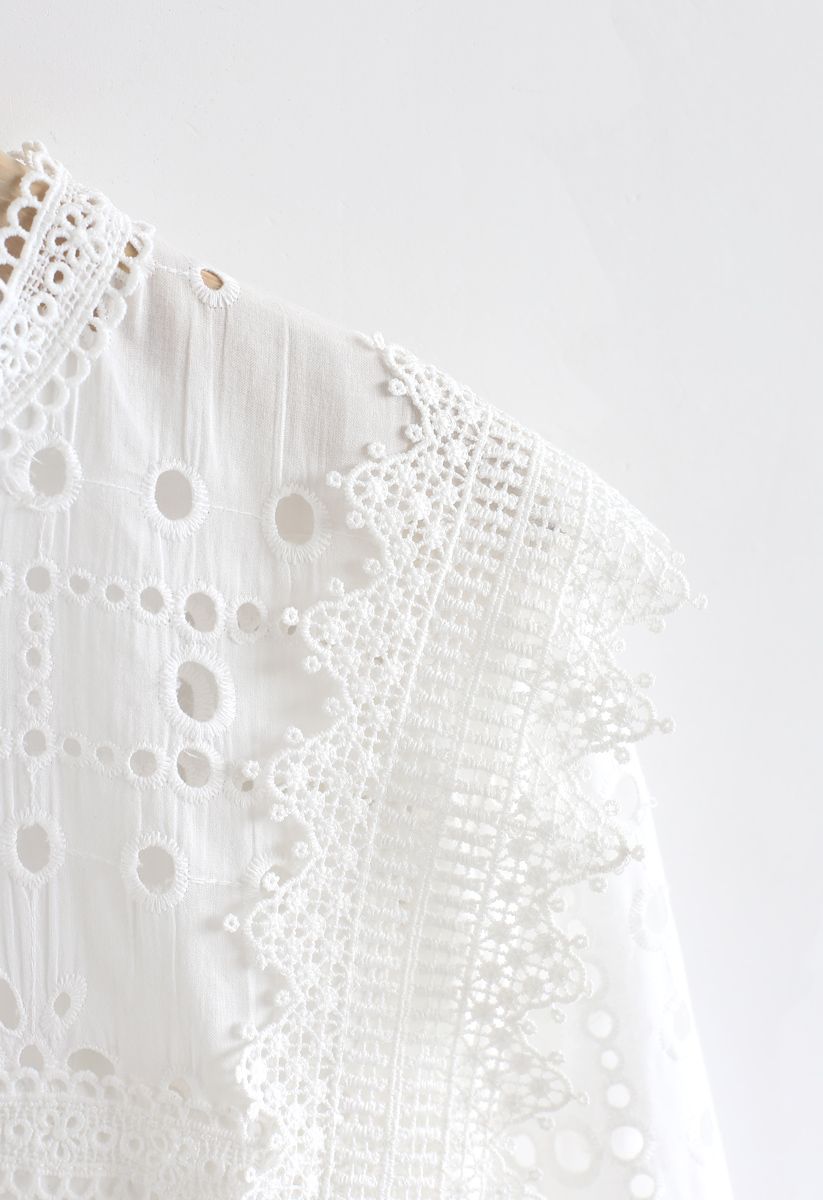 Embroidered Eyelet Crochet Trim Top in White