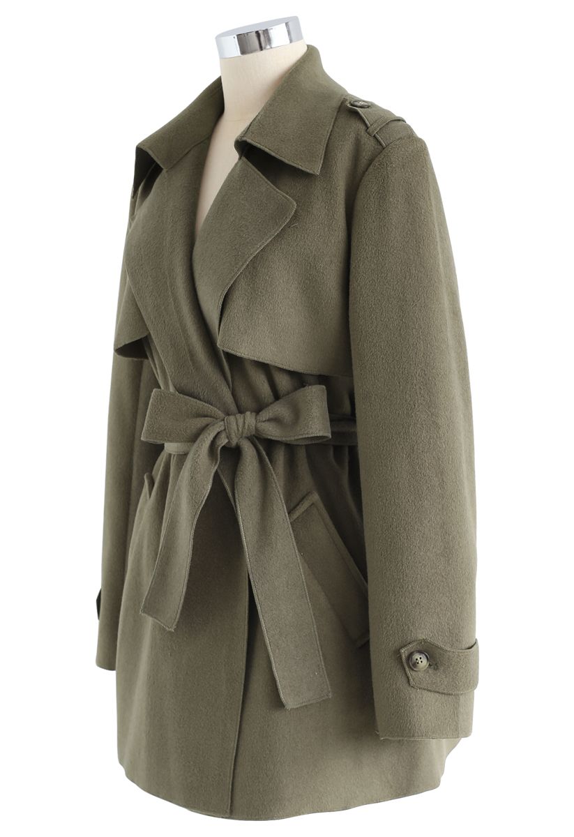 Open Front Belted Trench Coat in Moss Green