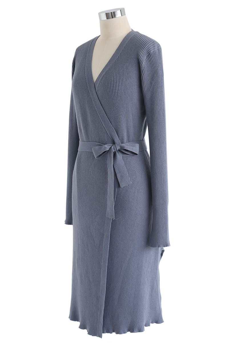 Self-Tied Bowknot Wrap Knit Midi Dress in Dusty Blue - Retro, Indie and ...