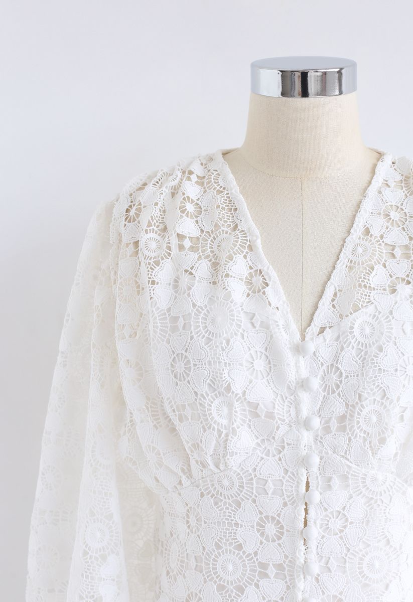 Crochet Heart V-Neck Top in White