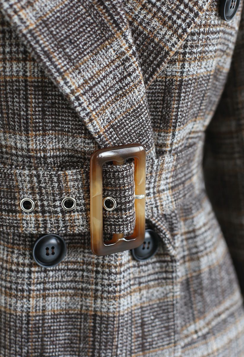 Plaid Double-Breasted Wool-Blend Coat in Brown