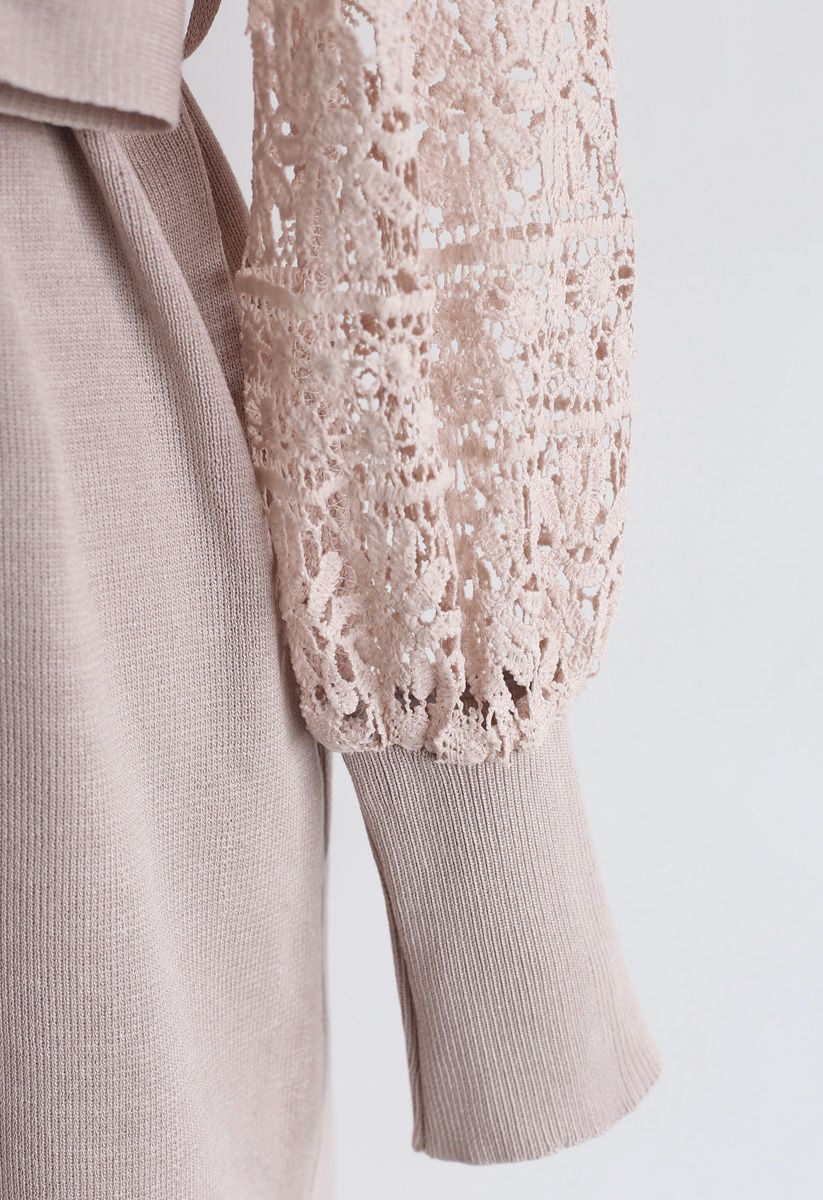 Self-Tied Bowknot Crochet Knit Midi Dress in Pink