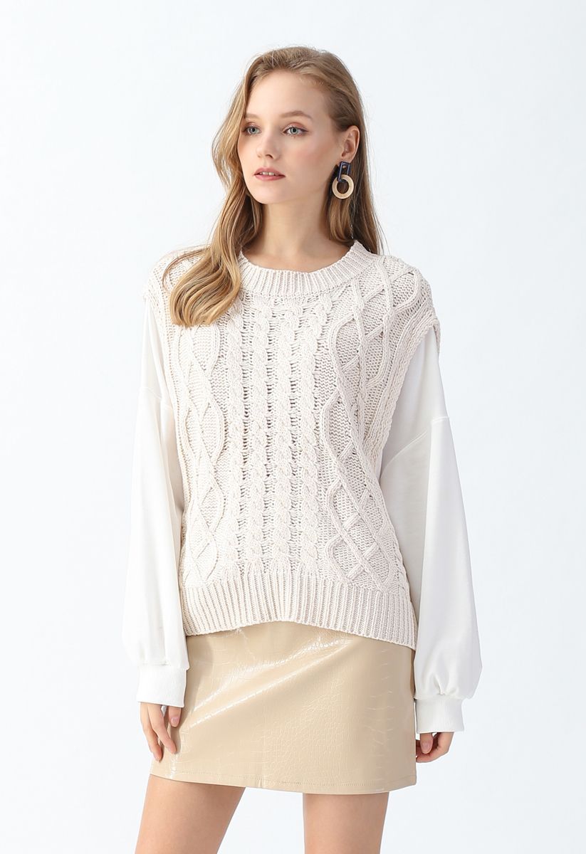 Braid Texture Spliced Sleeves Knit Sweater in Cream
