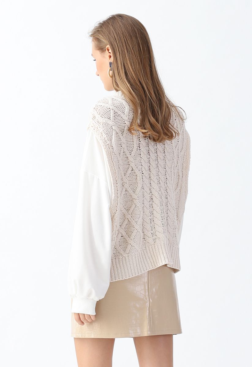 Braid Texture Spliced Sleeves Knit Sweater in Cream