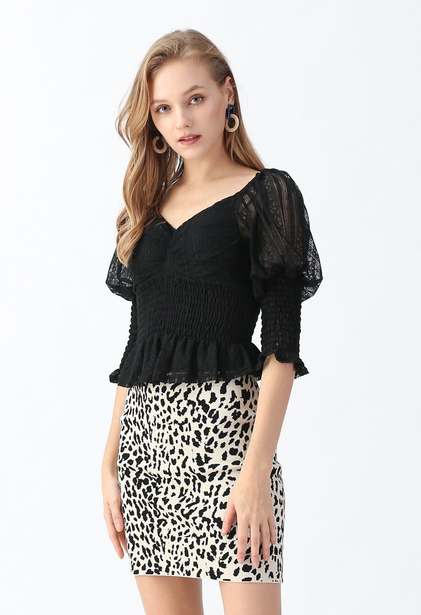 Lace Shirred Square Neck Crop Top in Black