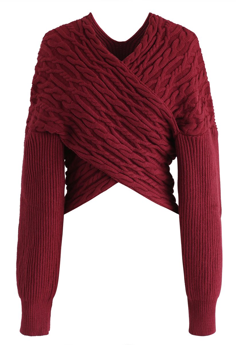 Crisscross Braid Texture Knit Crop Sweater in Red