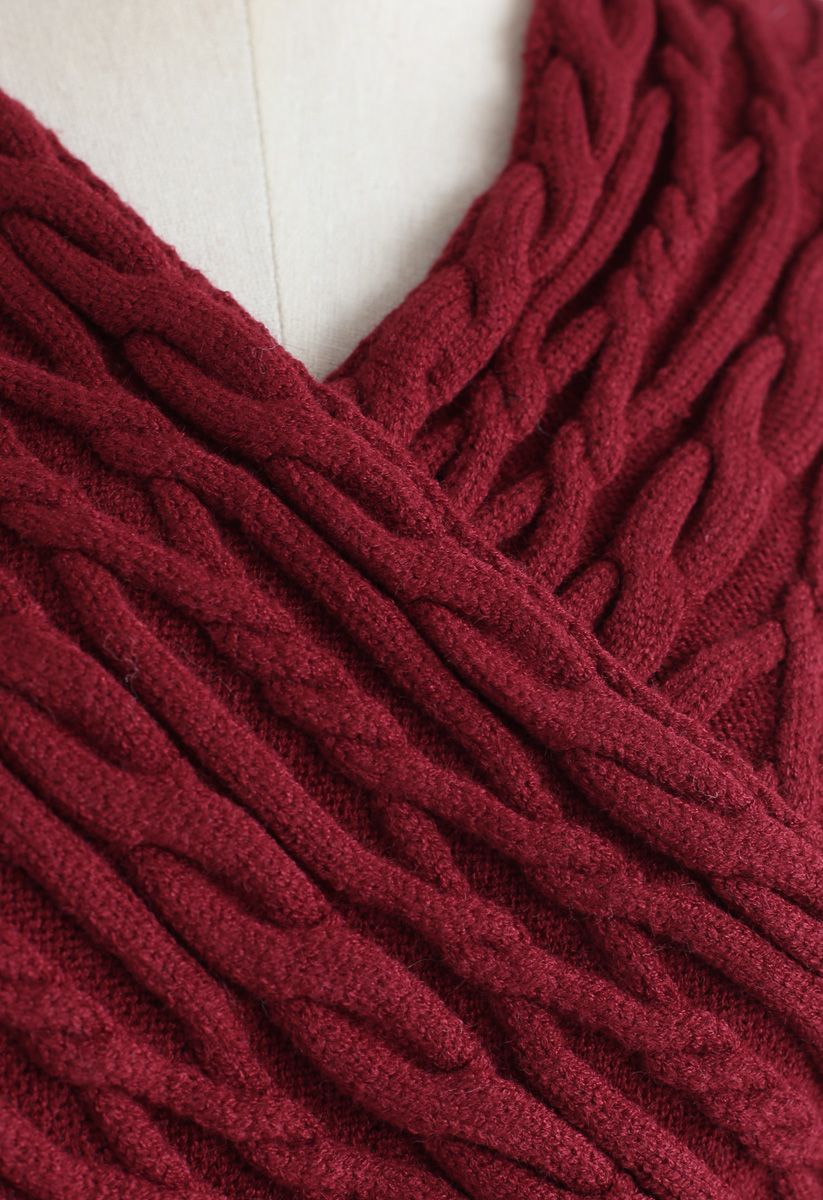 Crisscross Braid Texture Knit Crop Sweater in Red