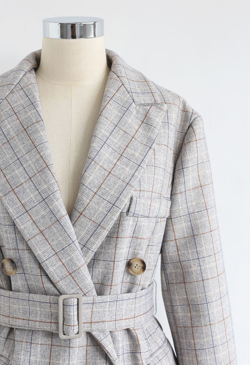 Plaid Belted Double-Breasted Blazer