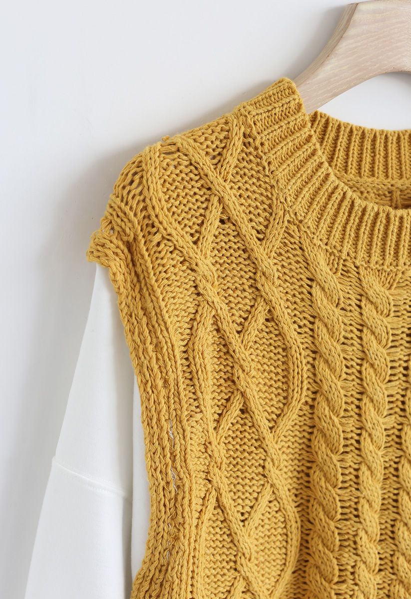 Braid Texture Spliced Sleeves Knit Sweater in Mustard