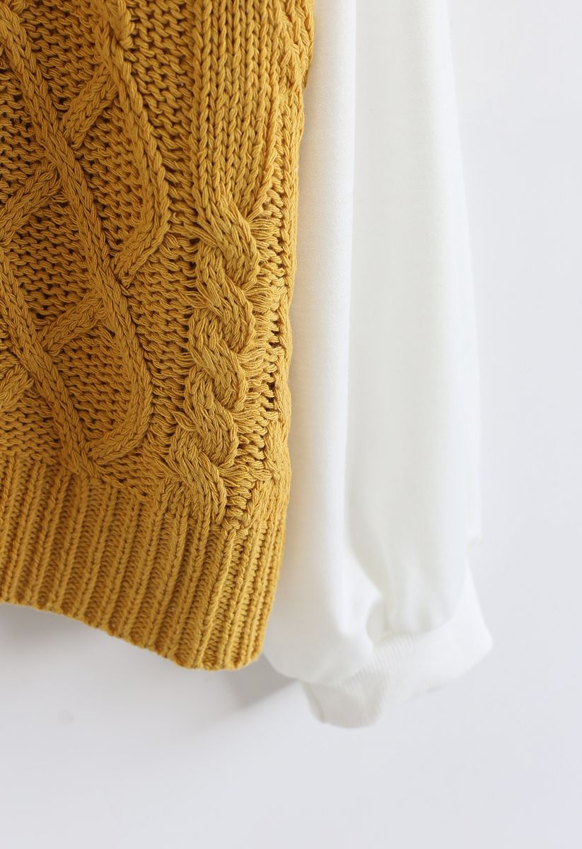 Braid Texture Spliced Sleeves Knit Sweater in Mustard
