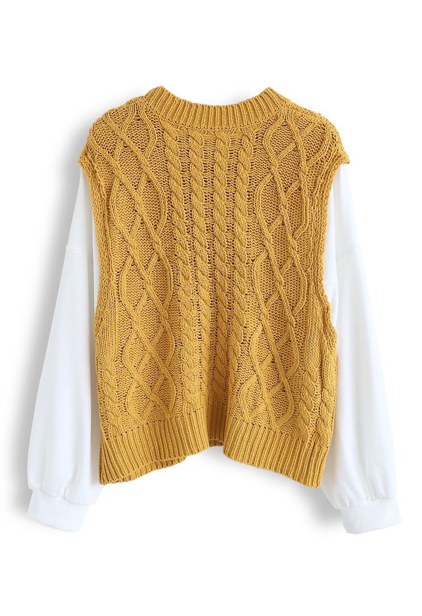Braid Texture Spliced Sleeves Knit Sweater in Mustard - Retro, Indie ...