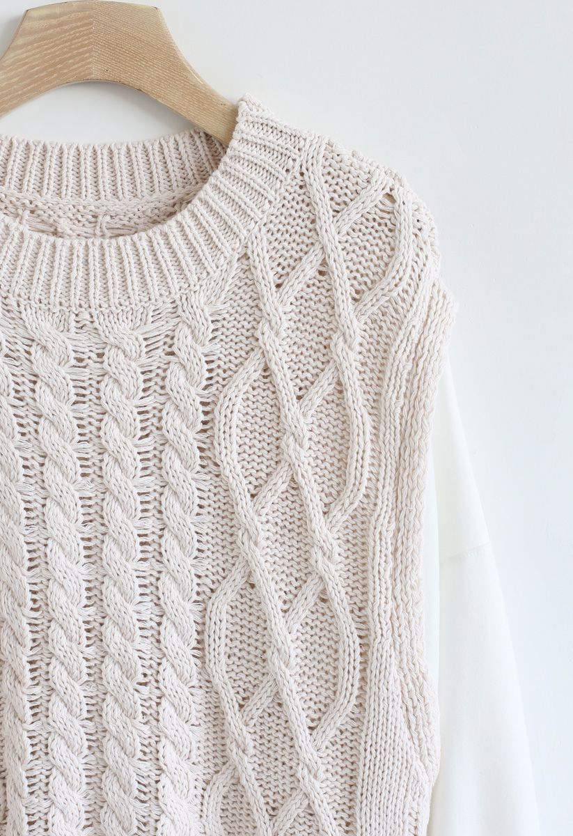 Braid Texture Spliced Sleeves Knit Sweater in Cream - Retro, Indie and ...