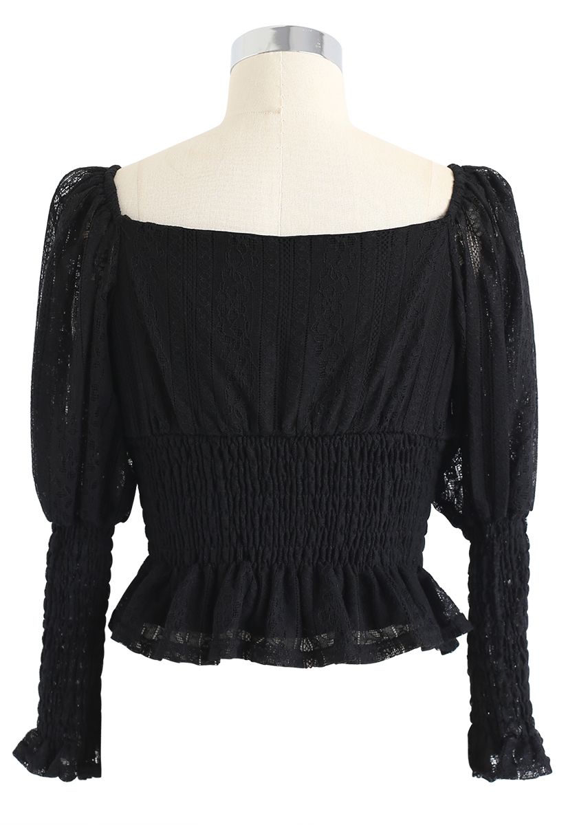 Lace Shirred Square Neck Crop Top in Black