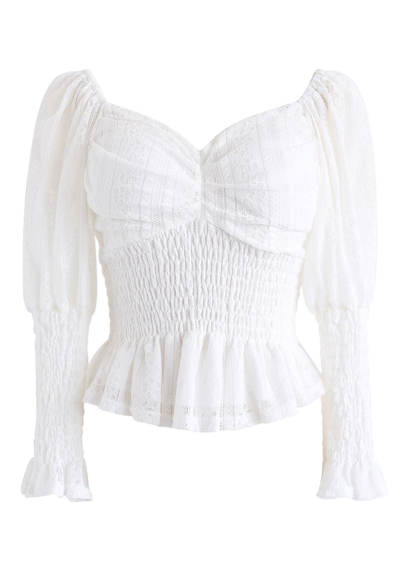 Lace Shirred Square Neck Crop Top in White