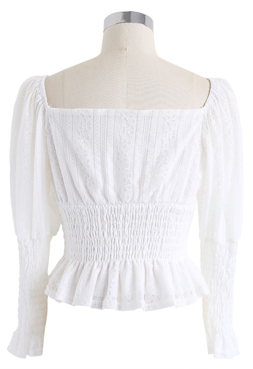 Lace Shirred Square Neck Crop Top in White