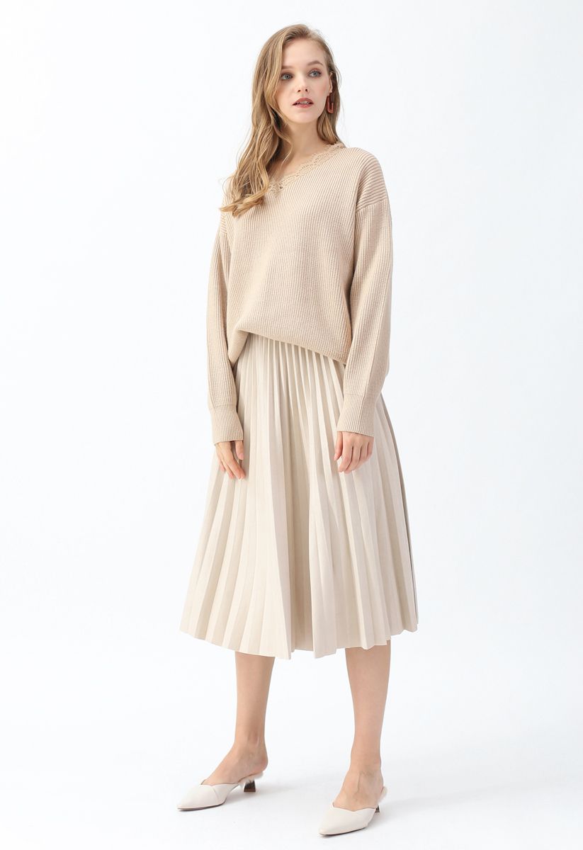 Faux Suede Pleated Midi Skirt in Ivory - Retro, Indie and Unique Fashion