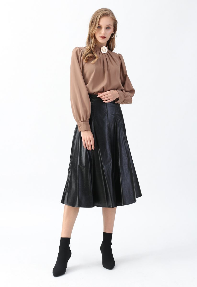 Faux Leather A-Line Midi Skirt in Black
