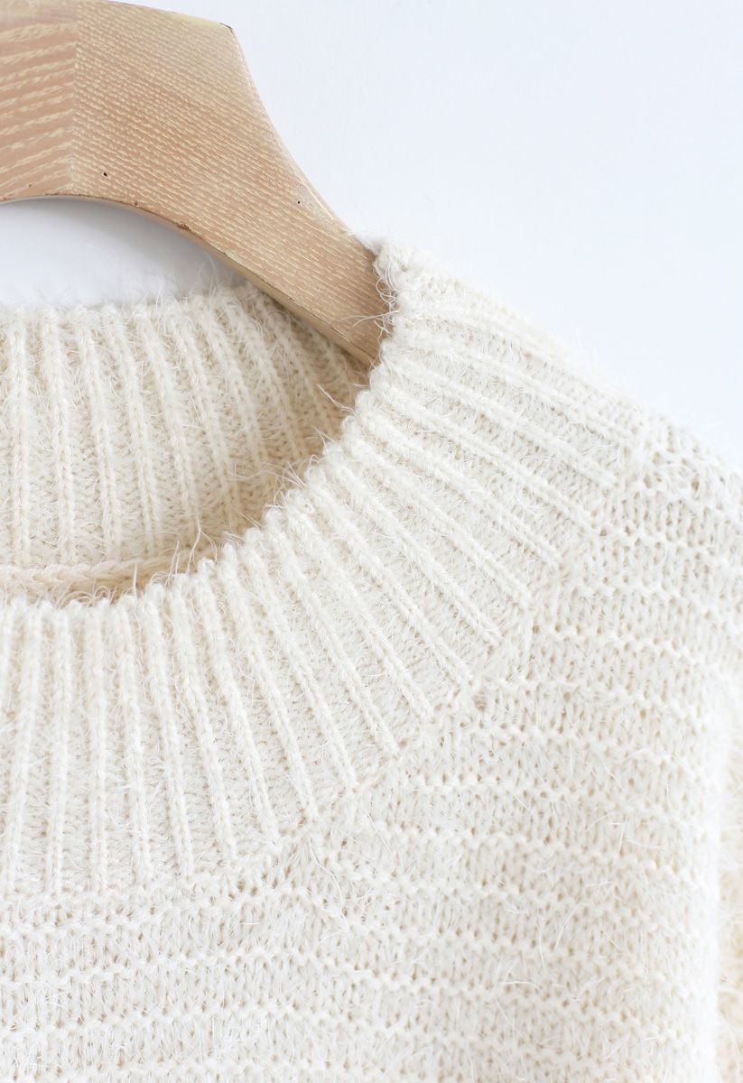 Round Neck Fuzzy Knit Sweater in Cream