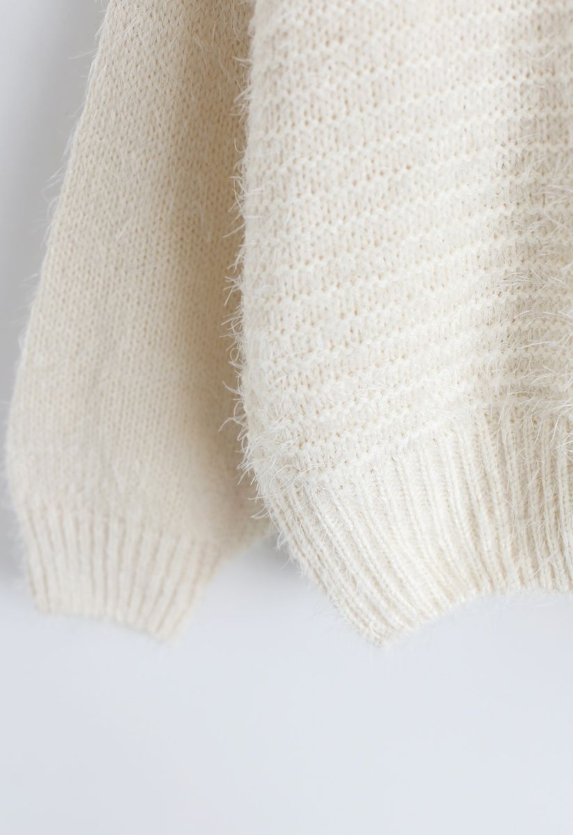 Round Neck Fuzzy Knit Sweater in Cream