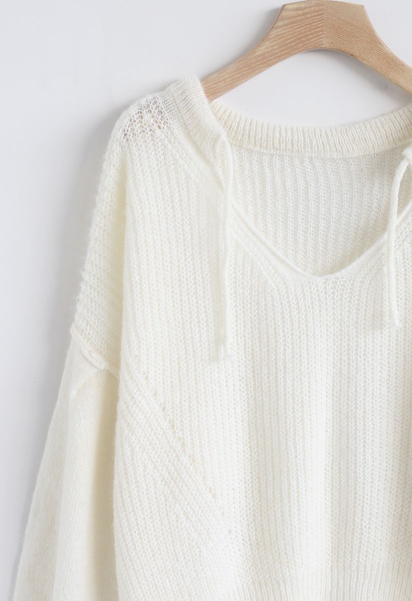 Drawstring V-Neck Oversized Fluffy Sweater in White
