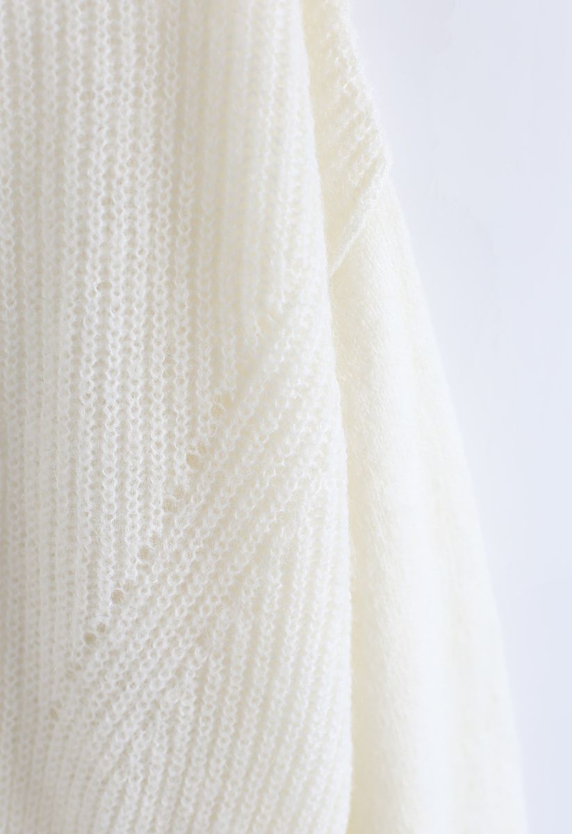 Drawstring V-Neck Oversized Fluffy Sweater in White