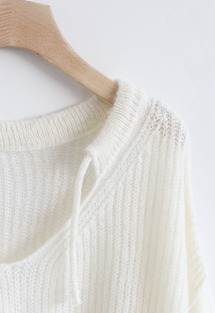 Drawstring V-Neck Oversized Fluffy Sweater in White - Retro, Indie and ...