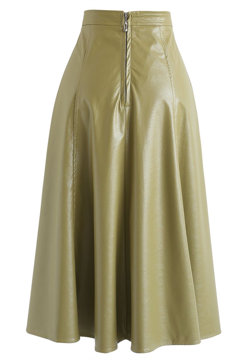 Faux Leather A-Line Midi Skirt in Moss Green - Retro, Indie and Unique ...