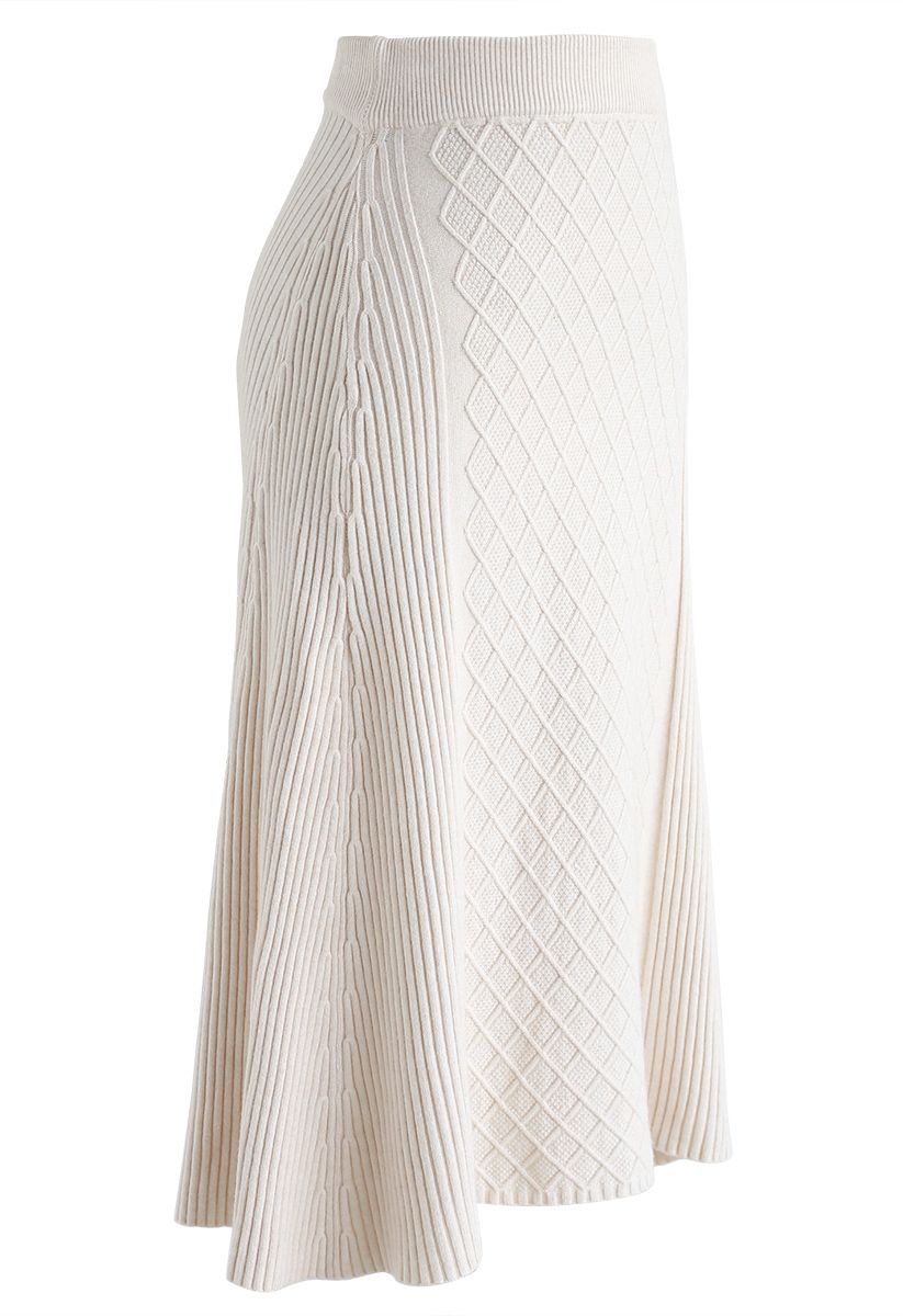 Diamond Shape A-Line Ribbed Knit Midi Skirt in Cream - Retro, Indie and ...