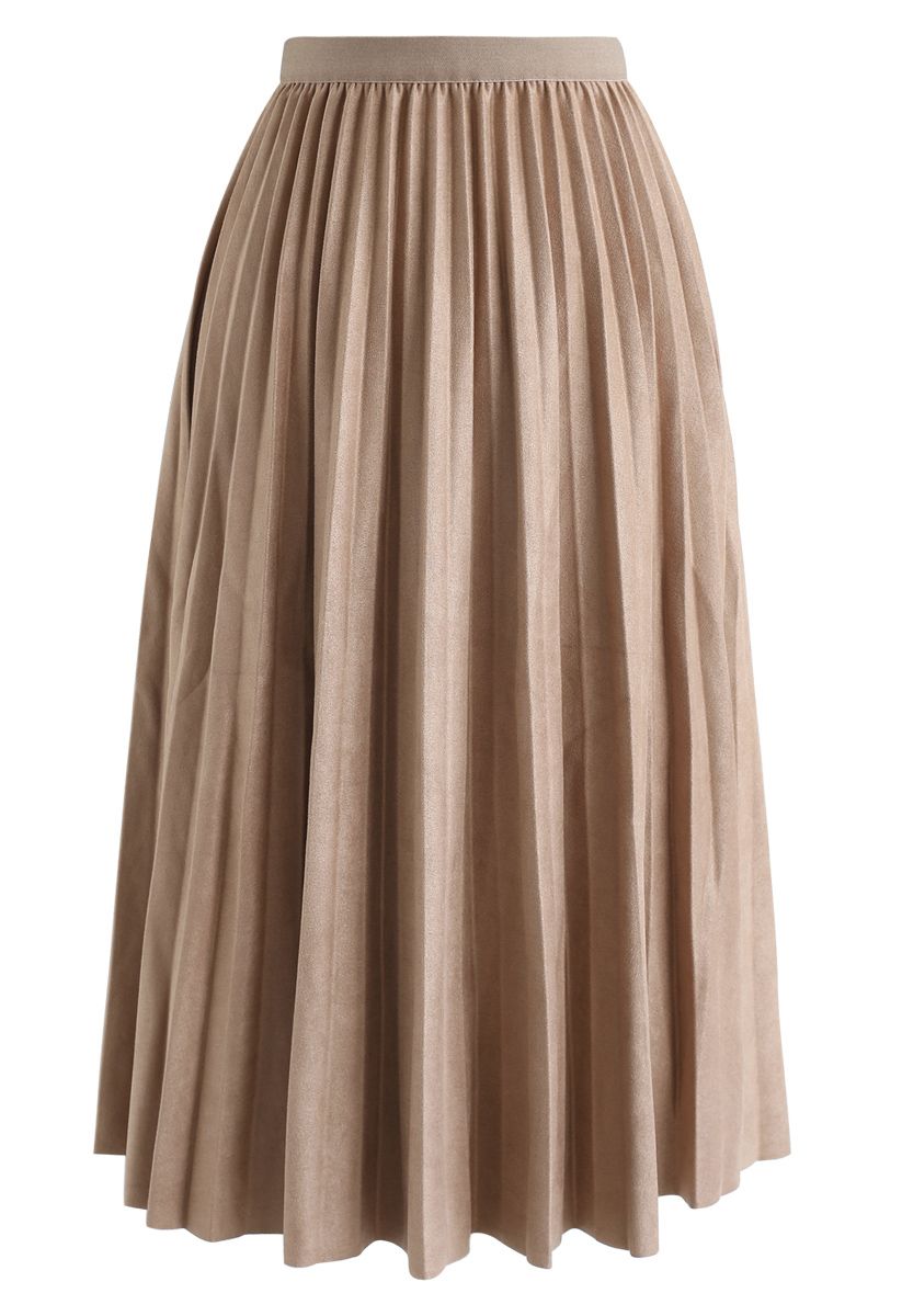 Faux Suede Pleated Midi Skirt in Tan