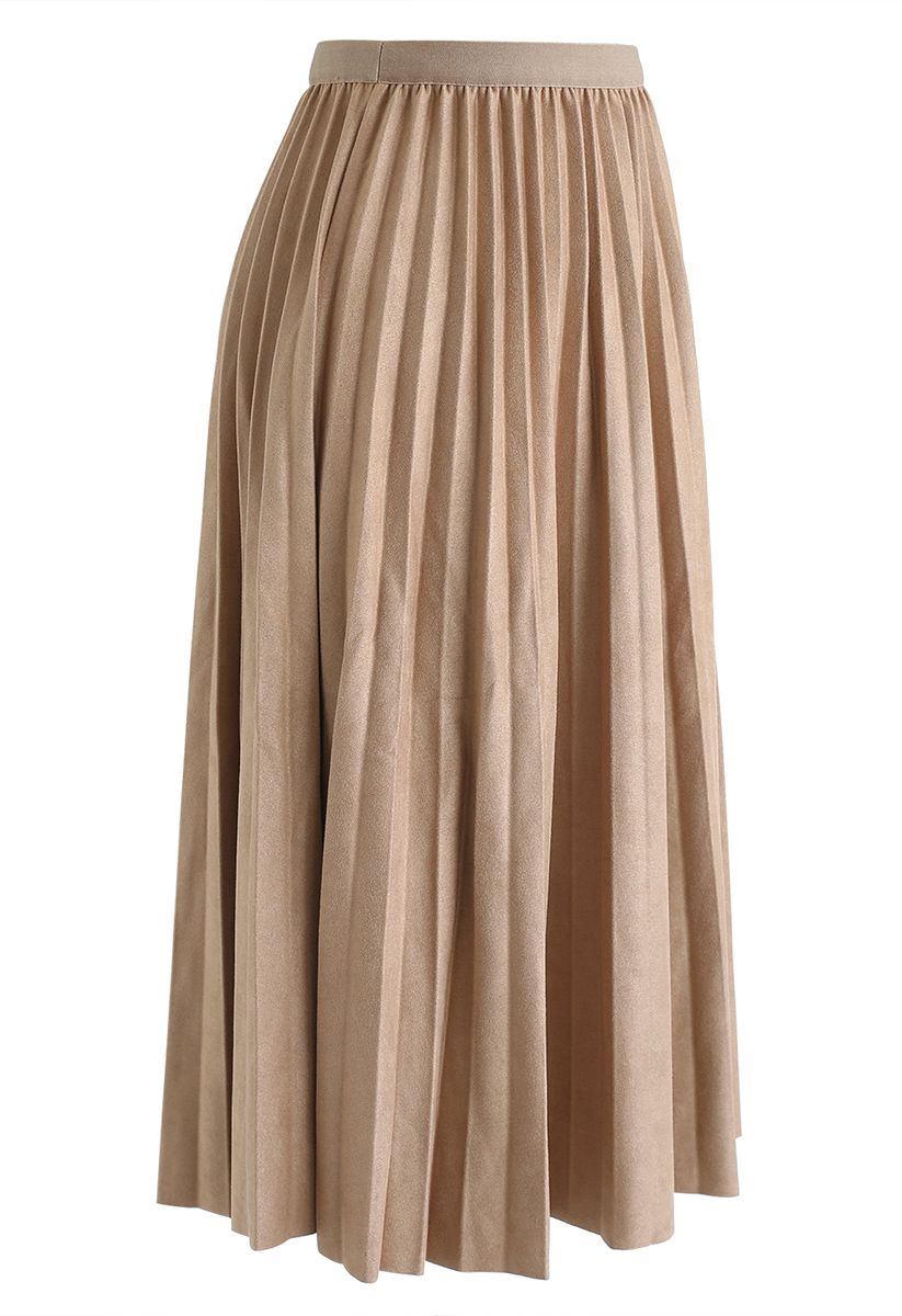 Faux Suede Pleated Midi Skirt in Tan - Retro, Indie and Unique Fashion