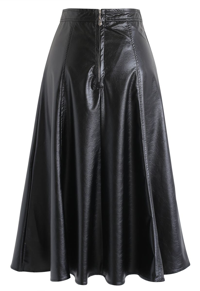 Faux Leather A-Line Midi Skirt in Black