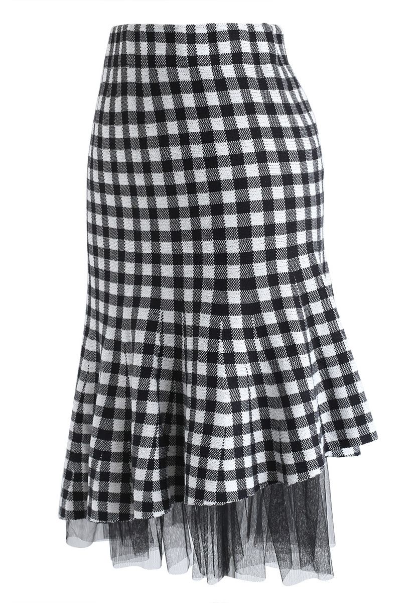 Mesh Hem Gingham Pattern Knit Frilling Skirt - Retro, Indie and Unique ...