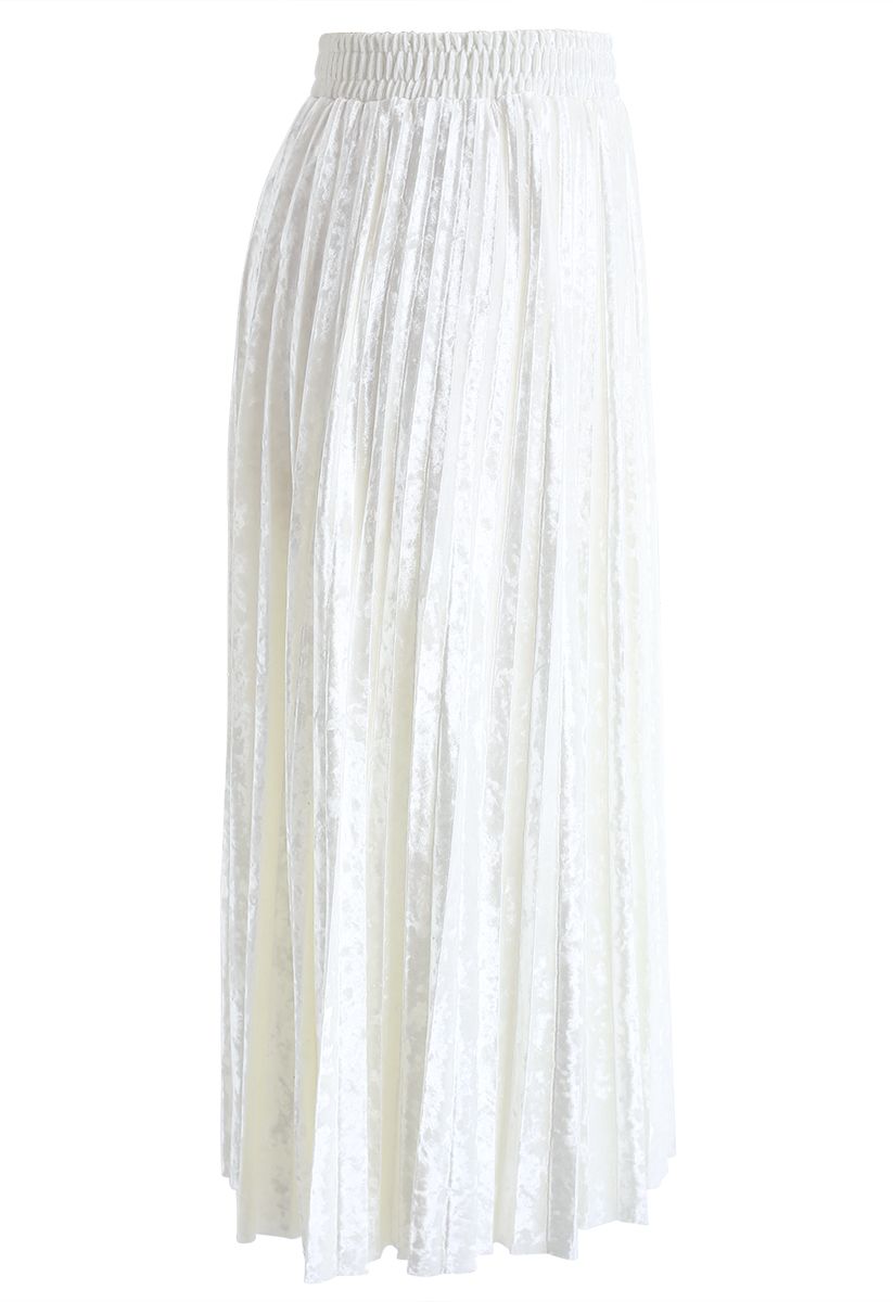 Shiny Velvet Pleated Midi Skirt in Pearl White
