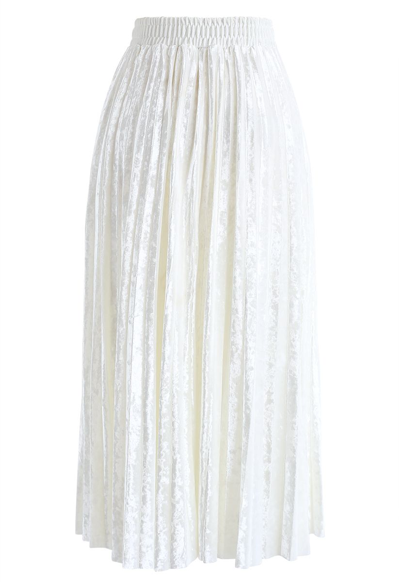 Shiny Velvet Pleated Midi Skirt in Pearl White