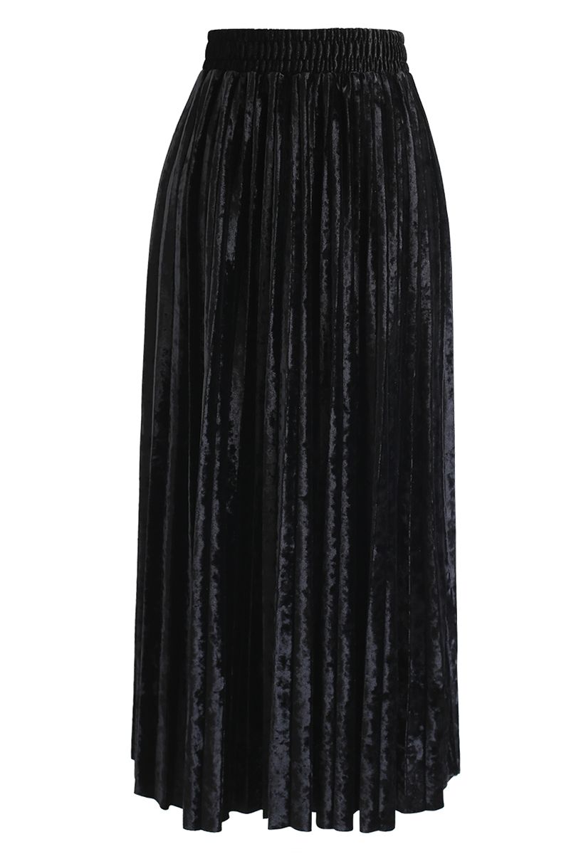 Shiny Velvet Pleated Midi Skirt in Black - Retro, Indie and Unique Fashion