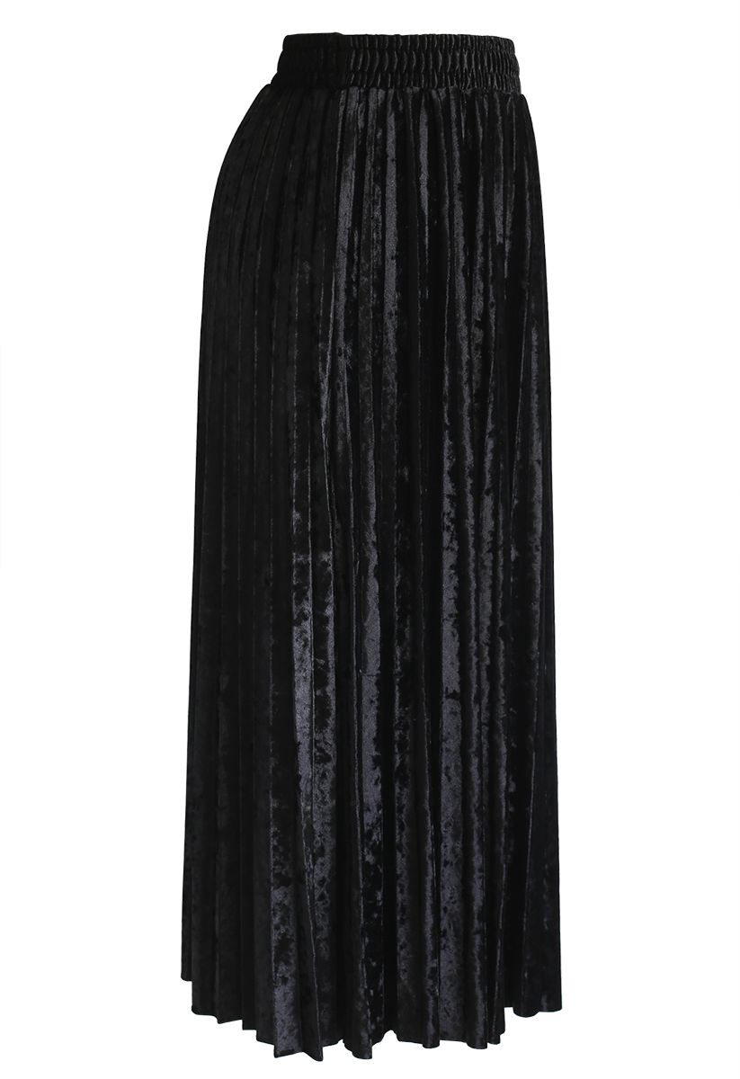 Shiny Velvet Pleated Midi Skirt in Black - Retro, Indie and Unique Fashion