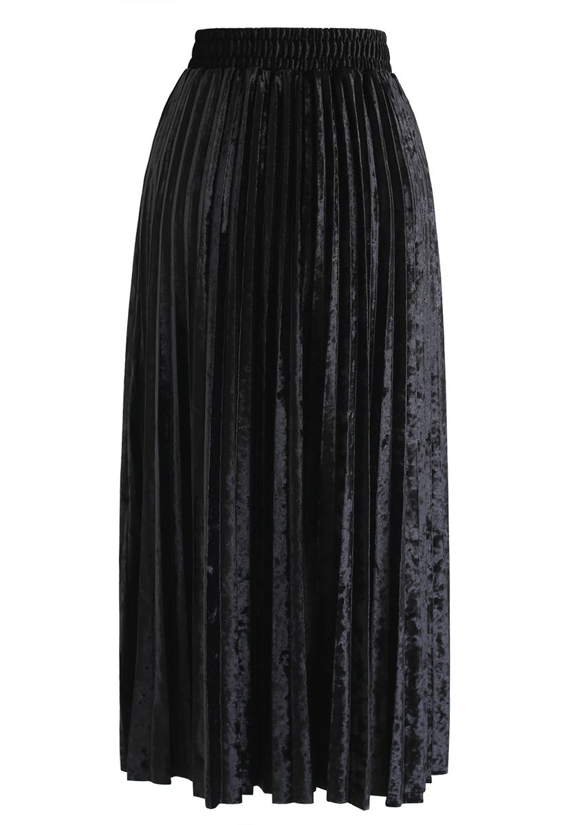 Shiny Velvet Pleated Midi Skirt in Black