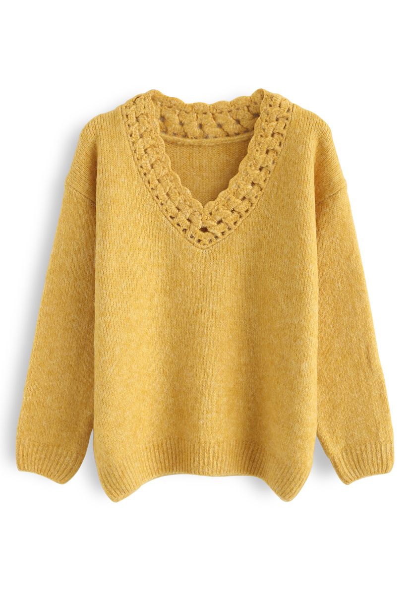 Twist Hollow Out V-Neck Fluffy Sweater in Mustard - Retro, Indie and ...