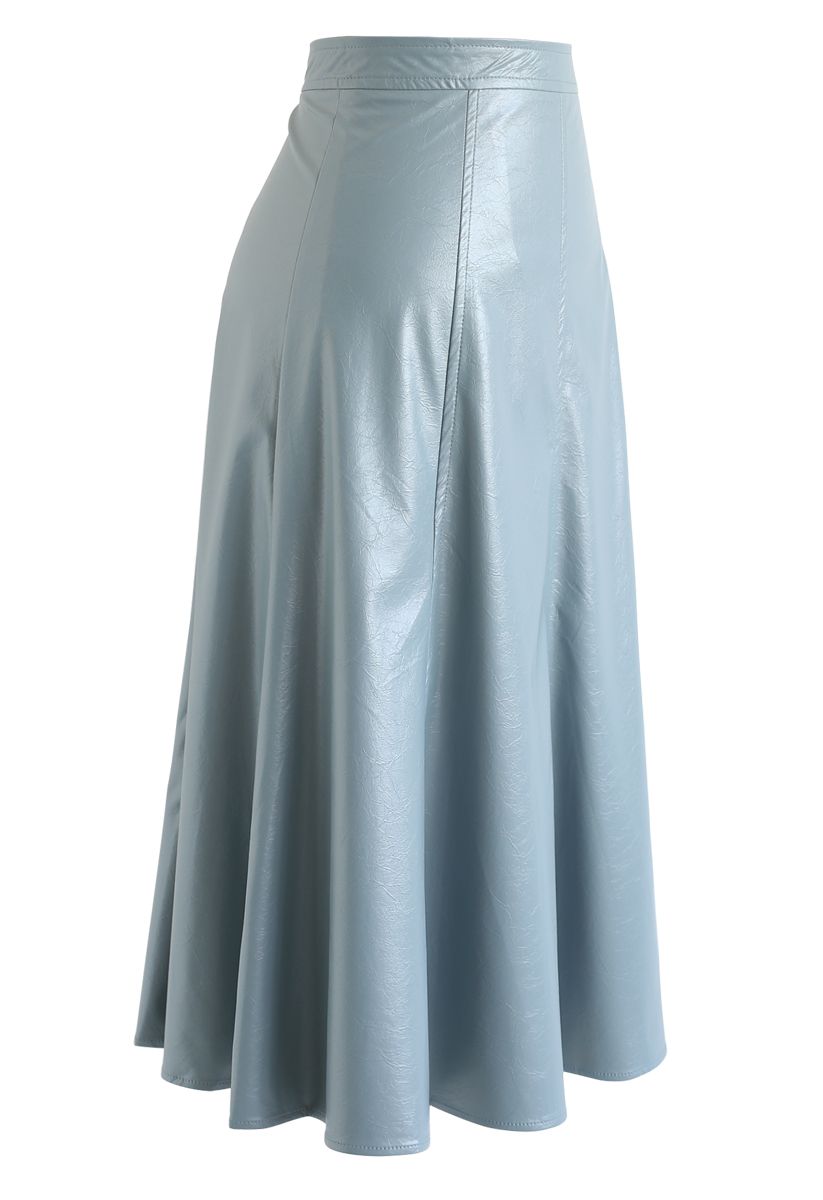 Faux Leather A-Line Midi Skirt in Dusty Blue