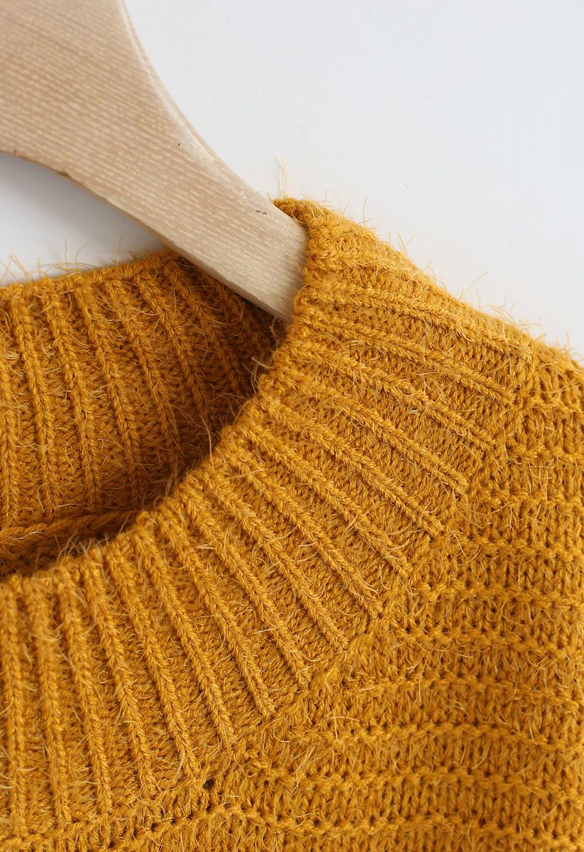 Round Neck Fuzzy Knit Sweater in Mustard