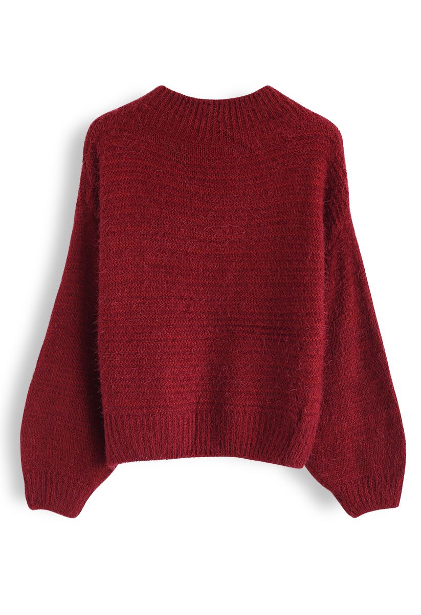 Round Neck Fuzzy Knit Sweater in Red - Retro, Indie and Unique Fashion