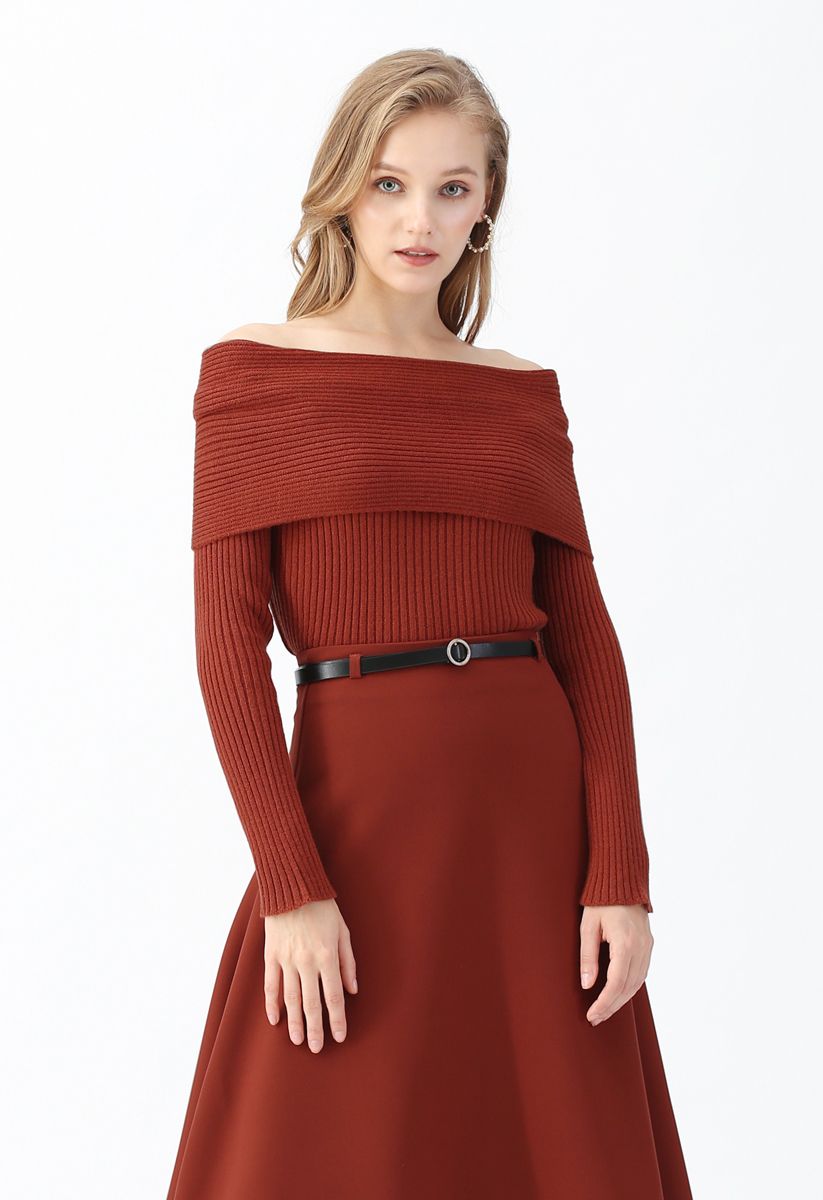 Off-Shoulder Ribbed Knit Sweater in Rust Red