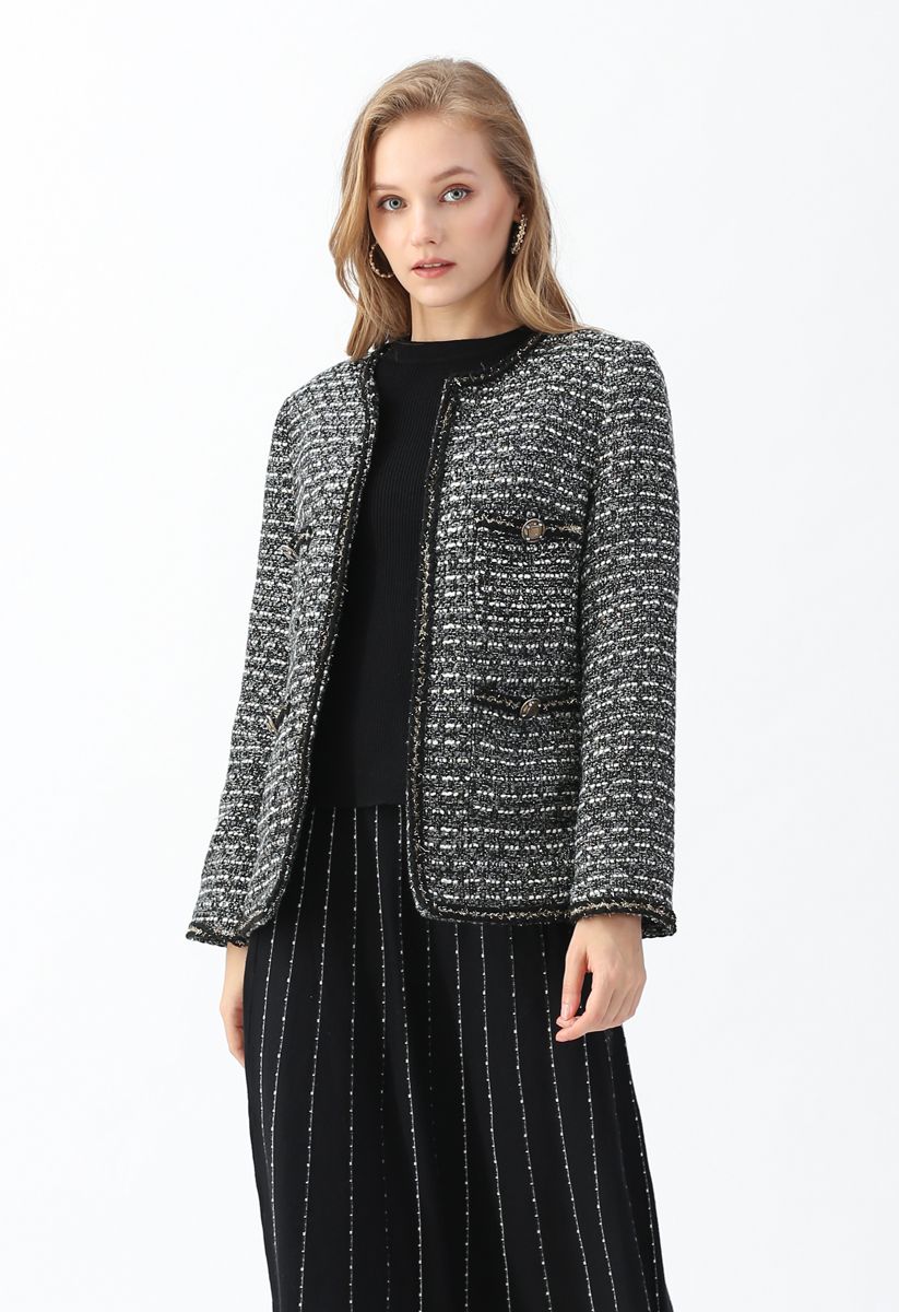 Pockets Trimmed Tweed Jacket in Black - Retro, Indie and Unique Fashion